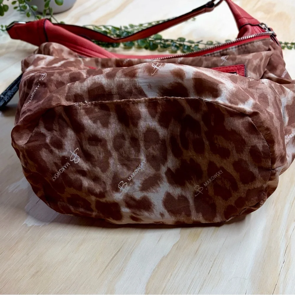 B. Makowsky Coral Red Pebbled Leather Hobo Shoulder Bag Slouch Purse